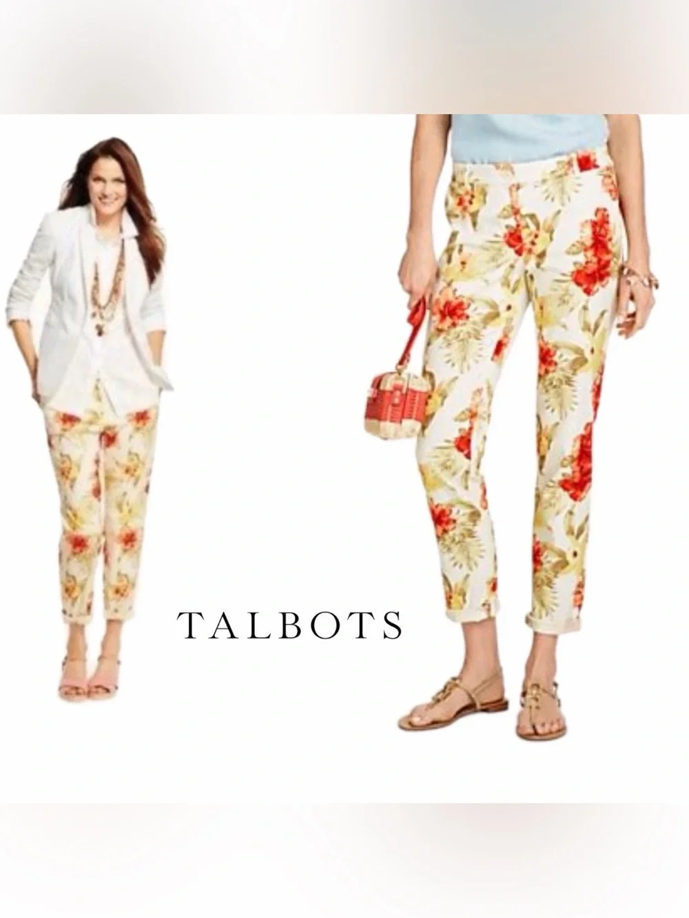 Talbots Floral Weekend Chino 16WP Cream with Red and Yellow Hibiscus *CALLOUT